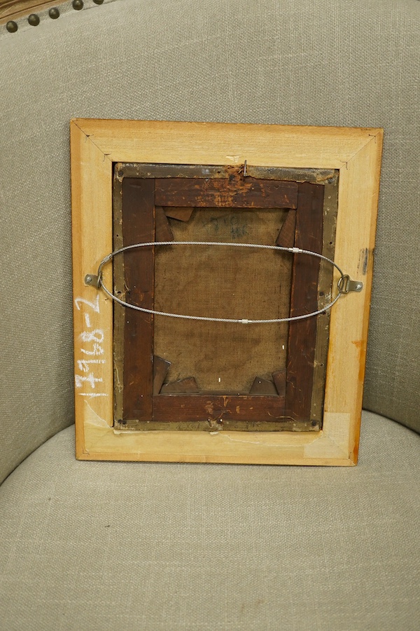 Mid 19th century, oil on canvas, newspaper boys, ‘Russo-Turkish War’, monogrammed, maple framed, 23 x 18cm. Condition - good